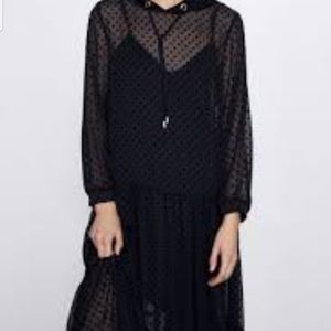 ZARA Dotted Mesh Black Long Sleeve Dress with Hood Size Small NWT